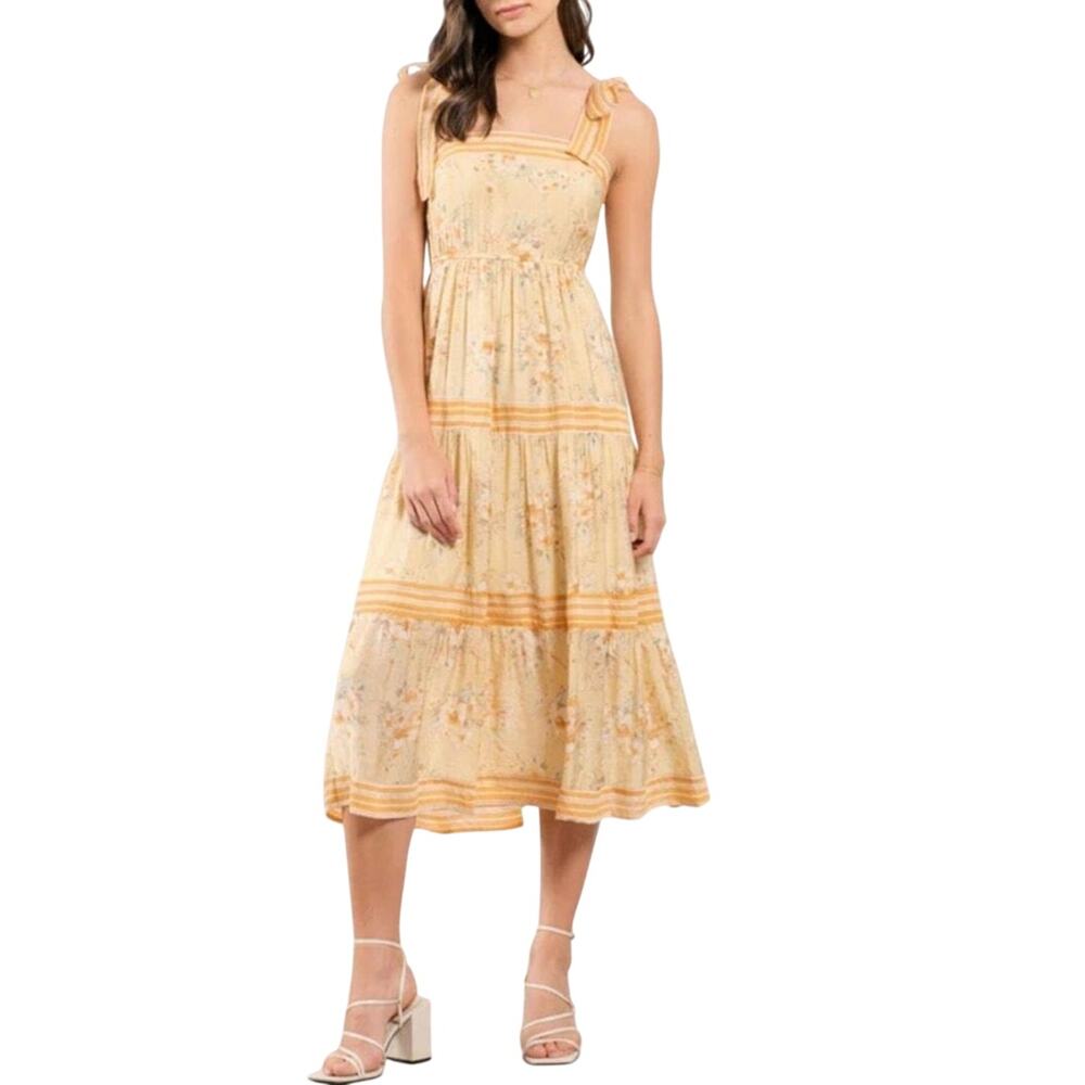 Anthropologie Sweet Wanderer Yellow Floral Tiered Maxi Dress Size XL Feminine